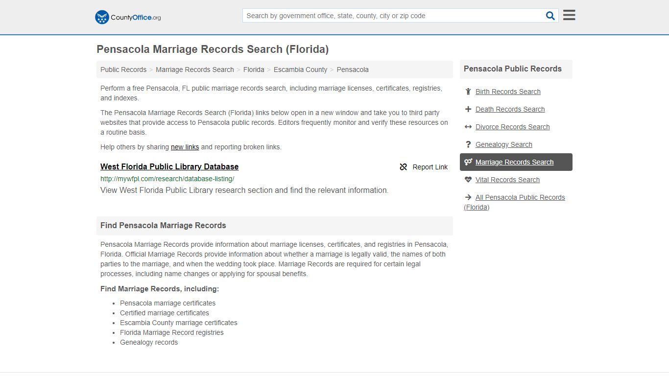 Pensacola Marriage Records Search (Florida) - County Office
